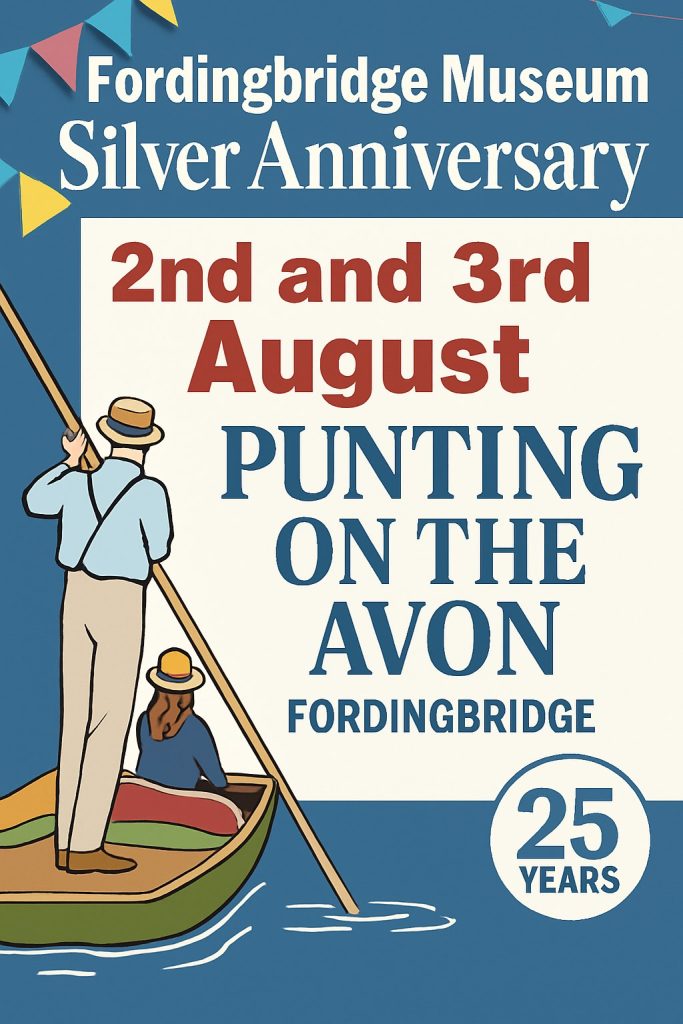 A poster with a man and woman in a punt with wording 2nd and 3rd August. Punting on the Avon