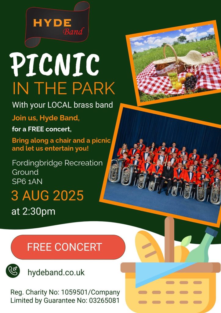 Poster for Hyde band playing during Museum anniversary Fordingbridge Recreation Ground 3rd August 2025