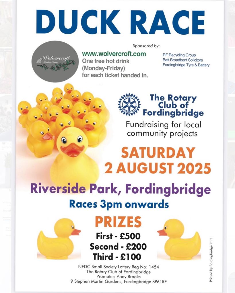 Poster for Museum anniversary duck race in the Fordingbridge recreation ground 2nd August 2025