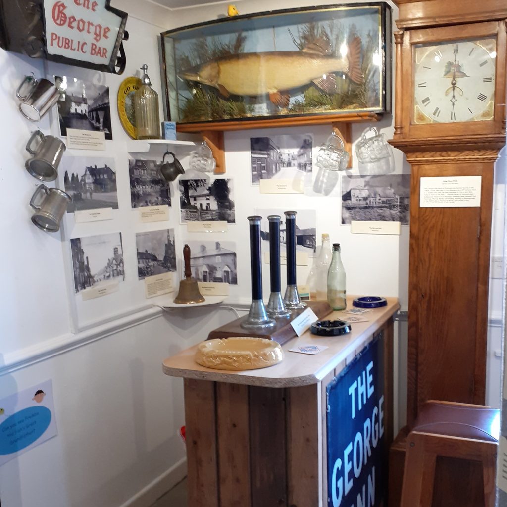 A pub display including Fordingbridge pub signs and a stuffed fish.
